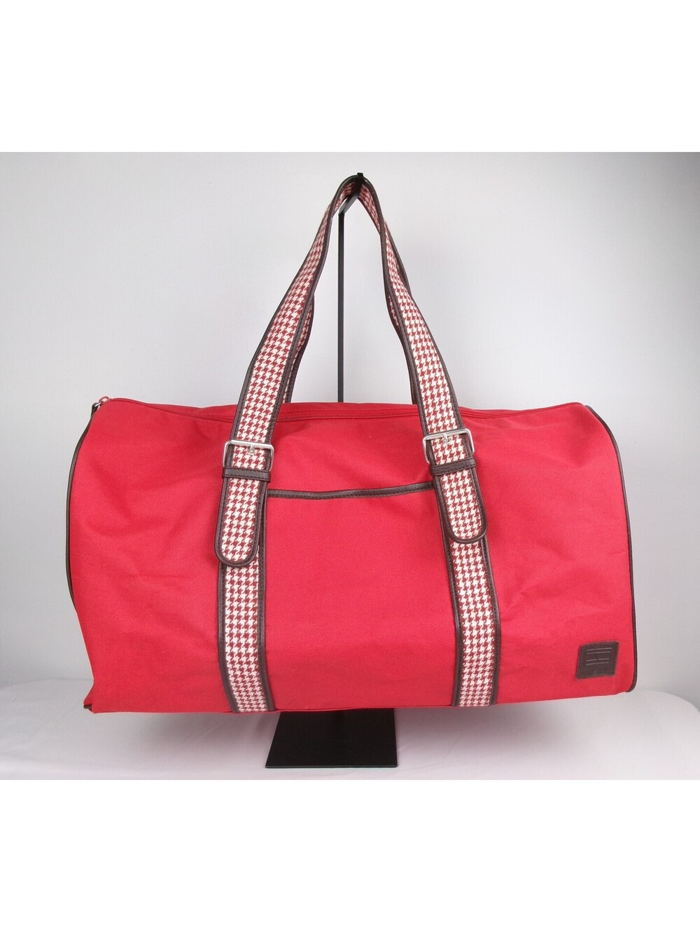 Vintage Tommy Hilfiger Red Duffle Bag Houndstooth Straps 90s Travel Gym